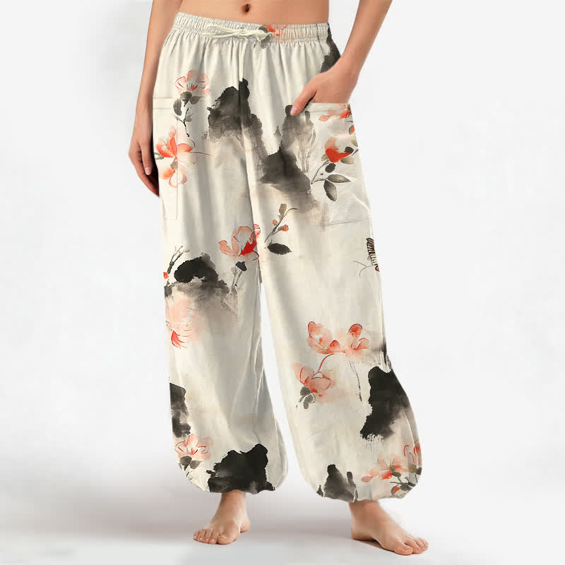 Buddha Stones Pantaloni harem da donna in cotone con elastico in vita e motivo floreale ad acquerello con farfalle, dotati di tasche laterali. - Grigio scuro - US16, UK/AU20, EU48 (3XL) - image 7