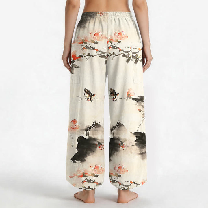 Buddha Stones Pantaloni harem da donna in cotone con elastico in vita e motivo floreale ad acquerello con farfalle, dotati di tasche laterali. - image 9