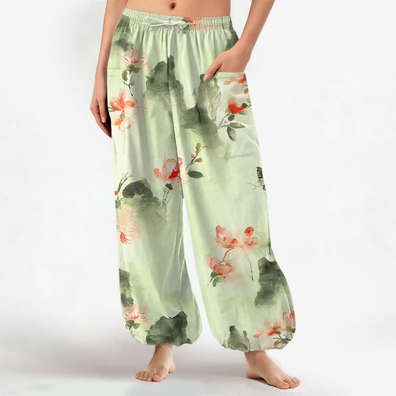 Buddha Stones Pantaloni harem da donna in cotone con elastico in vita e motivo floreale ad acquerello con farfalle, dotati di tasche laterali. - Crema alla menta - US16, UK/AU20, EU48 (3XL) - image 10