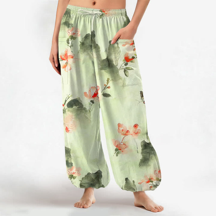 Buddha Stones Pantaloni harem da donna in cotone con elastico in vita e motivo floreale ad acquerello con farfalle, dotati di tasche laterali. - Crema alla menta - US16, UK/AU20, EU48 (3XL) - image 10