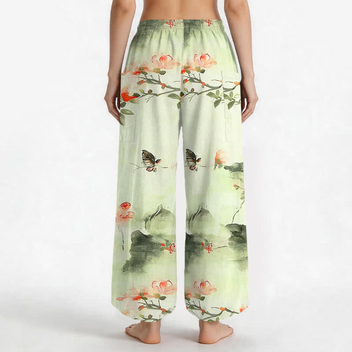 Buddha Stones Pantaloni harem da donna in cotone con elastico in vita e motivo floreale ad acquerello con farfalle, dotati di tasche laterali. - image 12