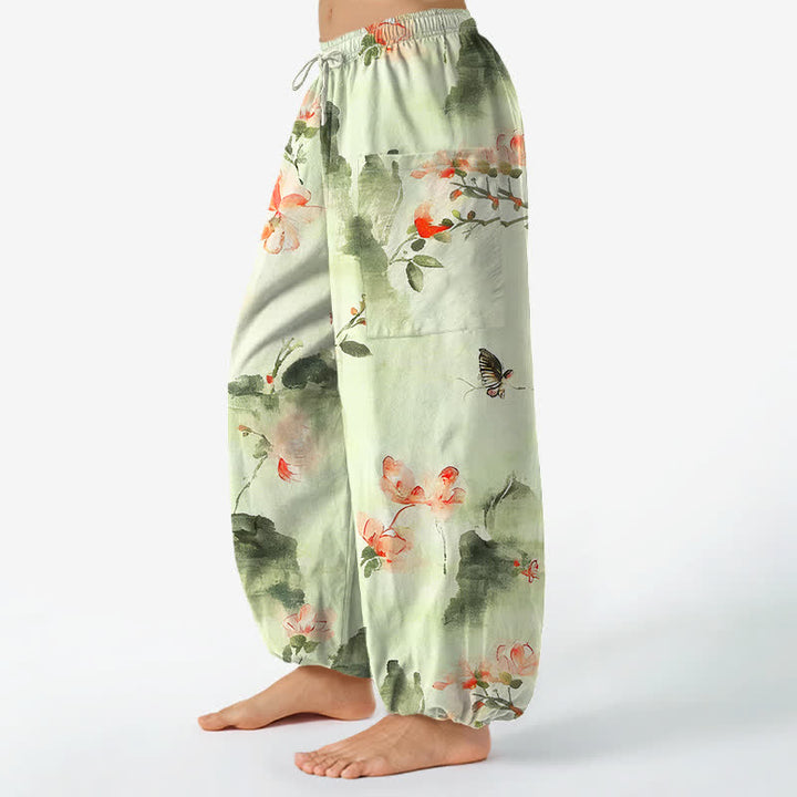 Buddha Stones Pantaloni harem da donna in cotone con elastico in vita e motivo floreale ad acquerello con farfalle, dotati di tasche laterali. - image 11