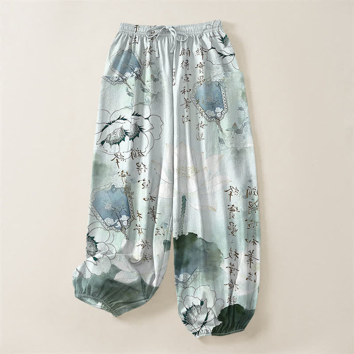 Buddha Stones Pantaloni harem da donna in cotone con stampa effetto loto e vita elasticizzata, con tasche laterali. - image 3