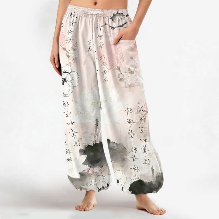 Buddha Stones Pantaloni harem da donna in cotone con stampa effetto loto e vita elasticizzata, con tasche laterali. - Rosa lavanda - US16, UK/AU20, EU48 (3XL) - image 7