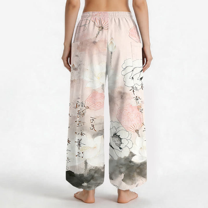 Buddha Stones Pantaloni harem da donna in cotone con stampa effetto loto e vita elasticizzata, con tasche laterali. - image 9