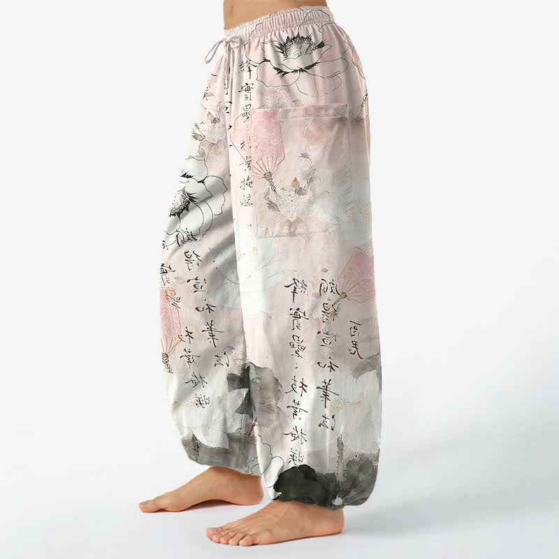 Buddha Stones Pantaloni harem da donna in cotone con stampa effetto loto e vita elasticizzata, con tasche laterali. - image 8
