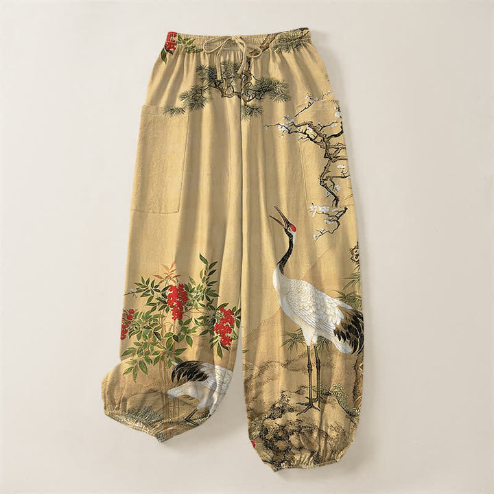 Buddha Stones Pantaloni harem da donna in cotone con motivo a gru orientali e fiori di pino, vita elasticizzata e tasche laterali. - image 3