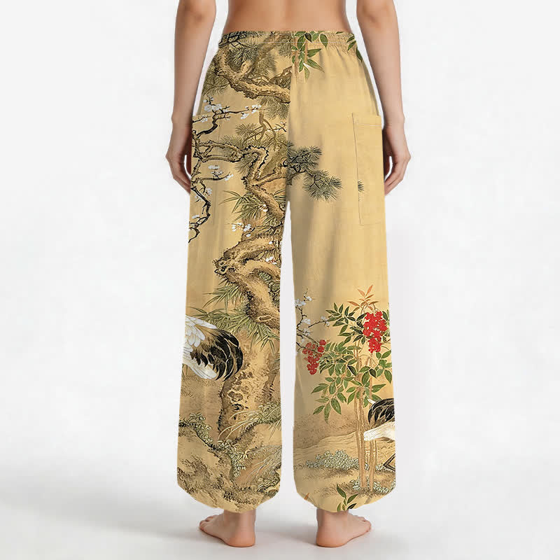Buddha Stones Pantaloni harem da donna in cotone con motivo a gru orientali e fiori di pino, vita elasticizzata e tasche laterali. - image 2