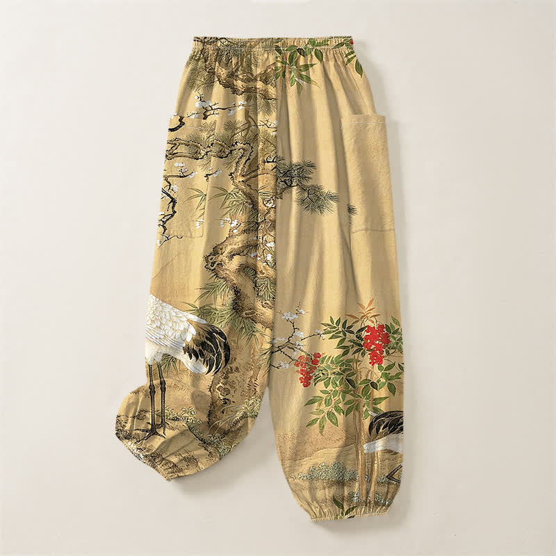 Buddha Stones Pantaloni harem da donna in cotone con motivo a gru orientali e fiori di pino, vita elasticizzata e tasche laterali. - image 4