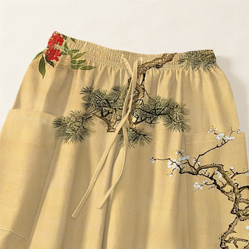 Buddha Stones Pantaloni harem da donna in cotone con motivo a gru orientali e fiori di pino, vita elasticizzata e tasche laterali. - image 5