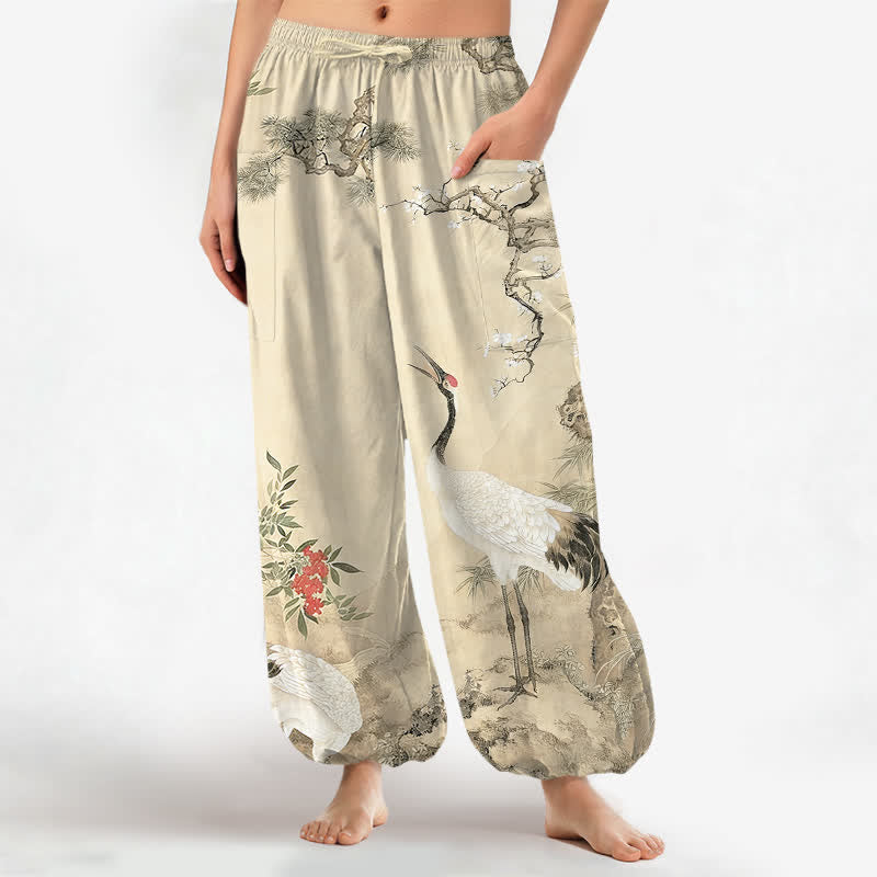 Buddha Stones Pantaloni harem da donna in cotone con motivo a gru orientali e fiori di pino, vita elasticizzata e tasche laterali. - Beige - US16, UK/AU20, EU48 (3XL) - image 7