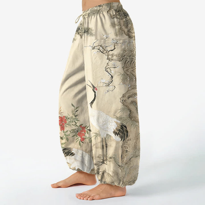 Buddha Stones Pantaloni harem da donna in cotone con motivo a gru orientali e fiori di pino, vita elasticizzata e tasche laterali. - image 8
