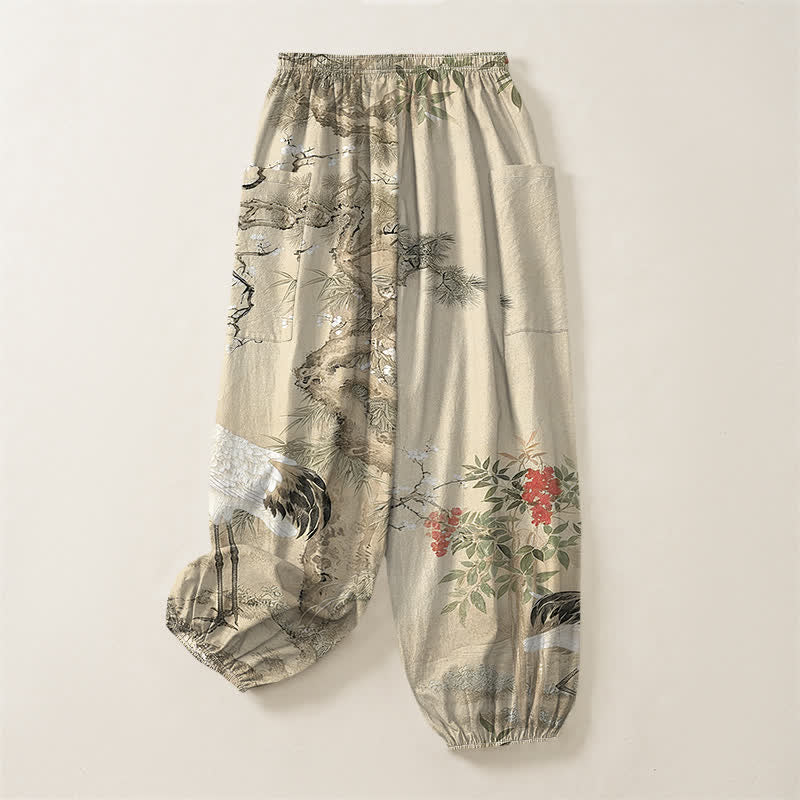 Buddha Stones Pantaloni harem da donna in cotone con motivo a gru orientali e fiori di pino, vita elasticizzata e tasche laterali. - image 11