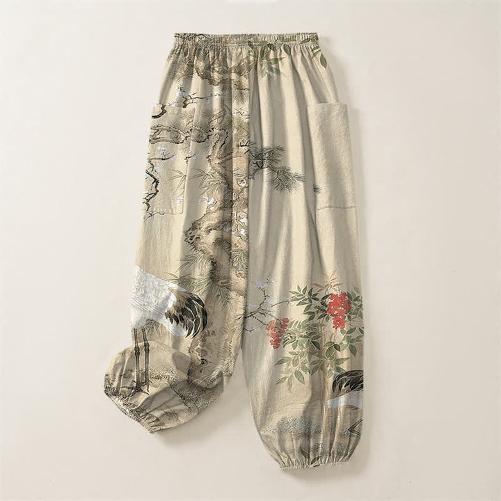 Buddha Stones Pantaloni harem da donna in cotone con motivo a gru orientali e fiori di pino, vita elasticizzata e tasche laterali. - image 11