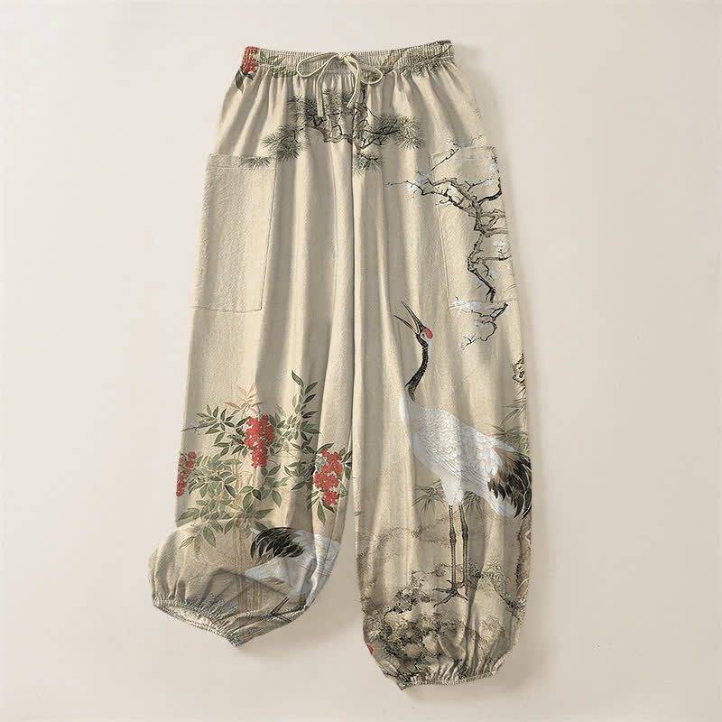 Buddha Stones Pantaloni harem da donna in cotone con motivo a gru orientali e fiori di pino, vita elasticizzata e tasche laterali. - image 10