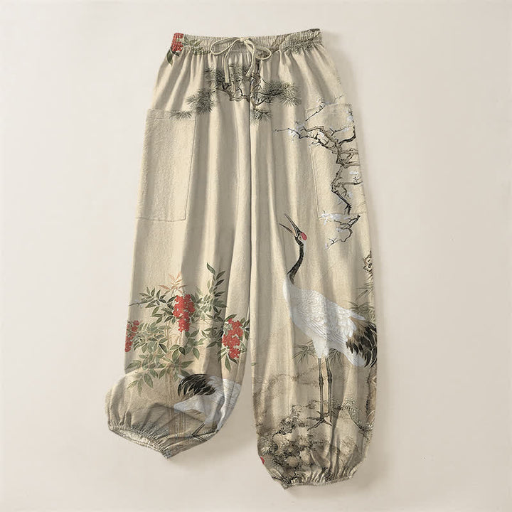 Buddha Stones Pantaloni harem da donna in cotone con motivo a gru orientali e fiori di pino, vita elasticizzata e tasche laterali. - image 10