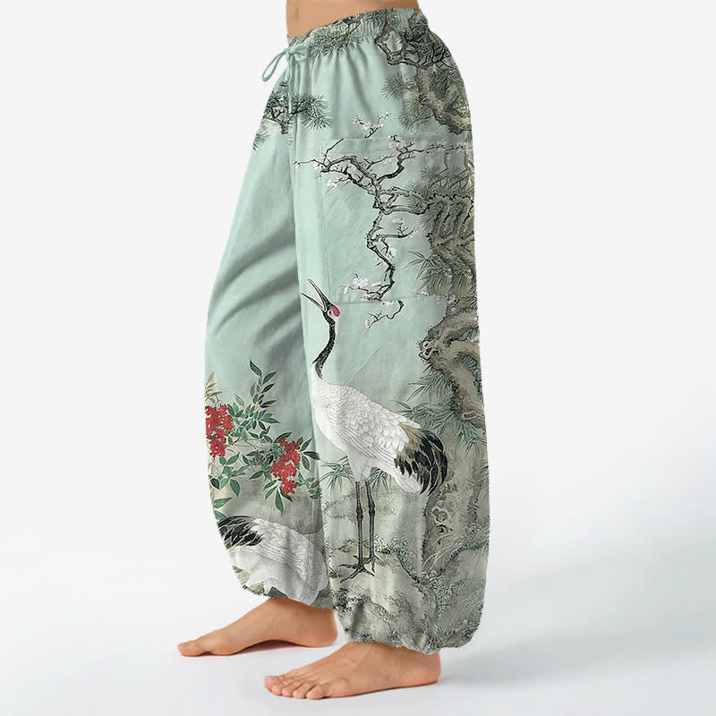 Buddha Stones Pantaloni harem da donna in cotone con motivo a gru orientali e fiori di pino, vita elasticizzata e tasche laterali. - image 13