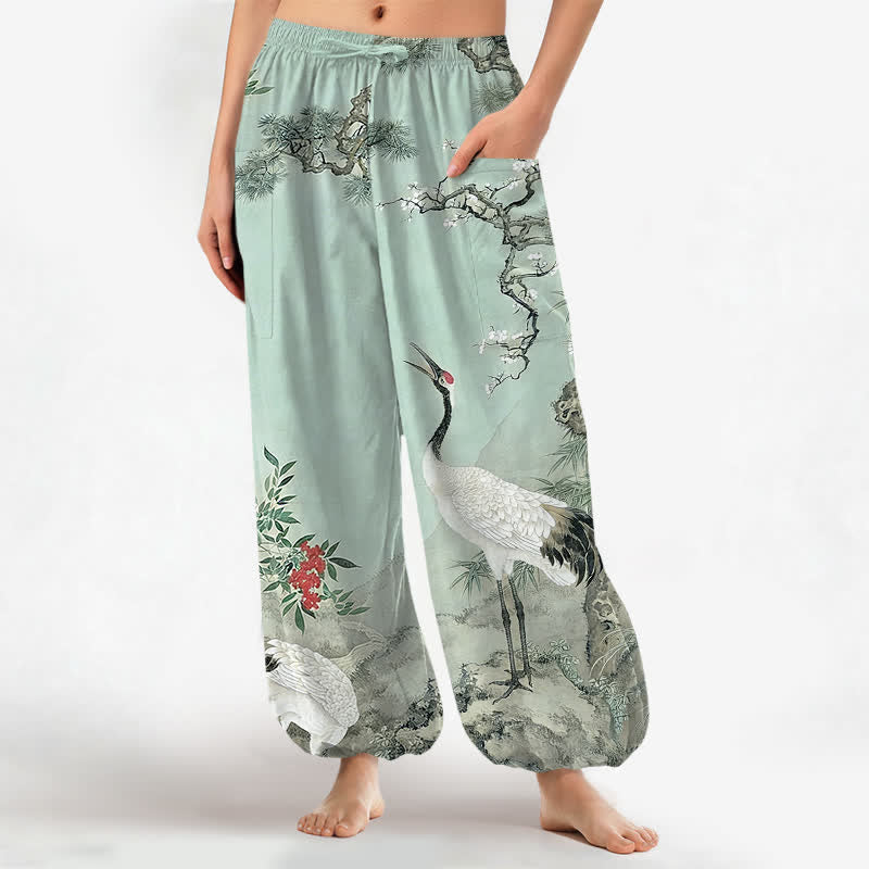 Buddha Stones Pantaloni harem da donna in cotone con motivo a gru orientali e fiori di pino, vita elasticizzata e tasche laterali. - Turchese pallido - US16, UK/AU20, EU48 (3XL) - image 12