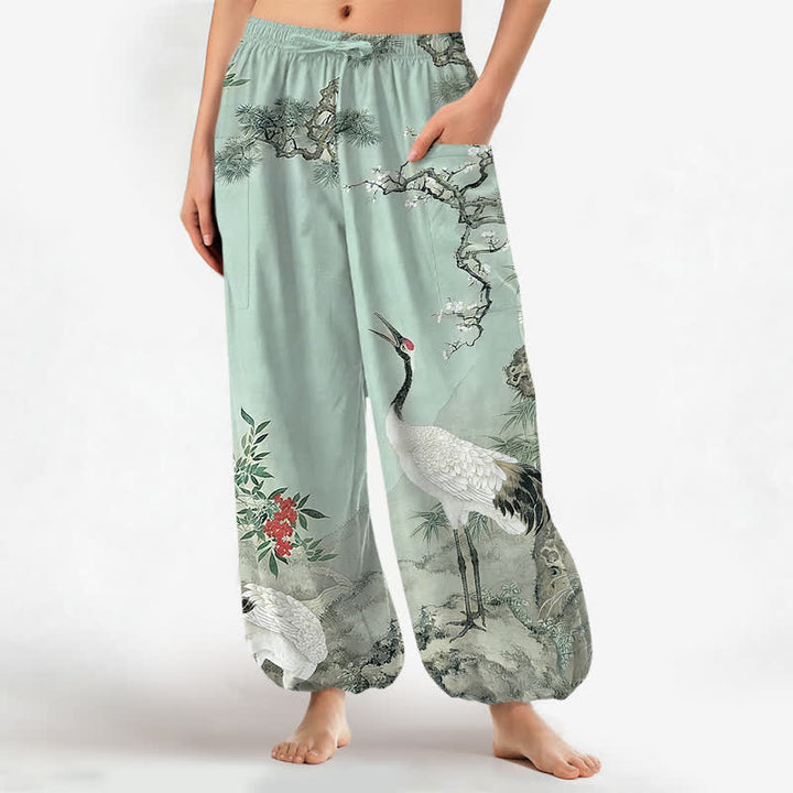 Buddha Stones Pantaloni harem da donna in cotone con motivo a gru orientali e fiori di pino, vita elasticizzata e tasche laterali. - Turchese pallido - US16, UK/AU20, EU48 (3XL) - image 12