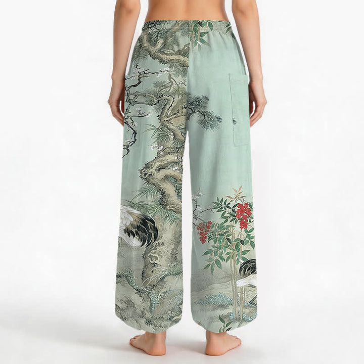 Buddha Stones Pantaloni harem da donna in cotone con motivo a gru orientali e fiori di pino, vita elasticizzata e tasche laterali. - image 14