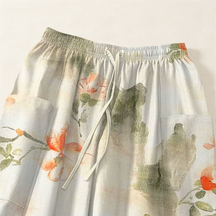 Buddha Stones Pantaloni harem da donna in cotone con elastico in vita e motivo floreale ad acquerello con farfalle, dotati di tasche laterali. - image 5