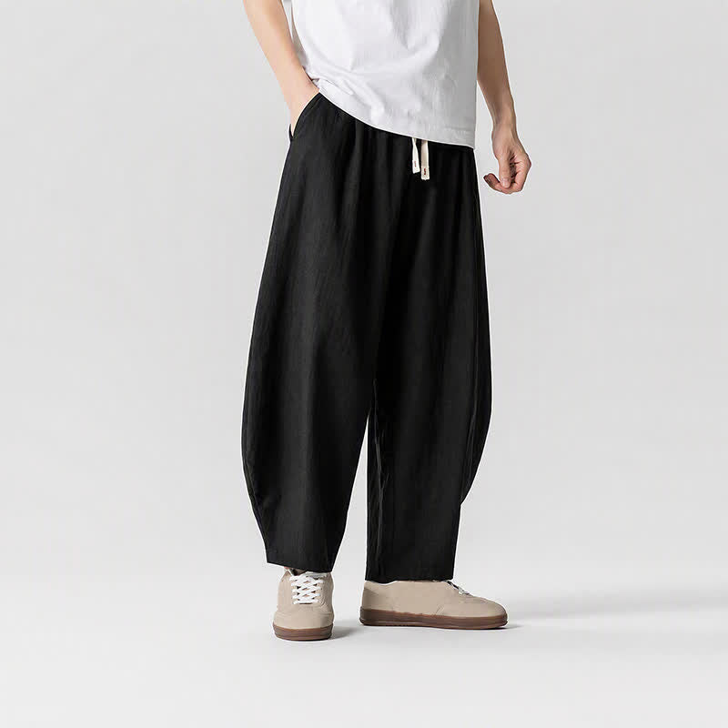 Buddha Stones Pantaloni corti da uomo a tinta unita con coulisse, ideali per primavera/estate, modello harem con tasche. - image 7
