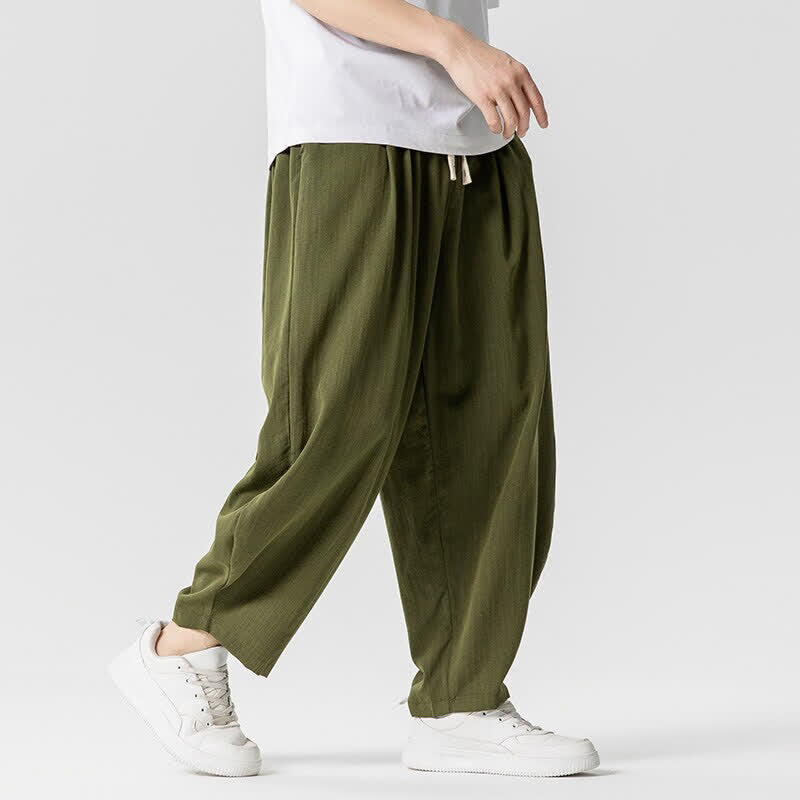 Buddha Stones Pantaloni corti da uomo a tinta unita con coulisse, ideali per primavera/estate, modello harem con tasche. - image 13