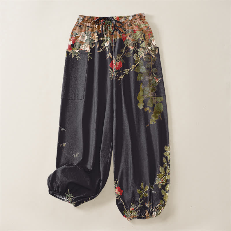 Buddha Stones Pantaloni harem da donna in cotone vintage con motivo a peonia rossa e vita elasticizzata, con tasche laterali. - image 4