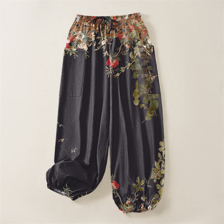 Buddha Stones Pantaloni harem da donna in cotone vintage con motivo a peonia rossa e vita elasticizzata, con tasche laterali. - image 4
