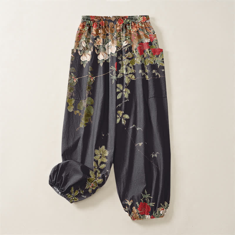 Buddha Stones Pantaloni harem da donna in cotone vintage con motivo a peonia rossa e vita elasticizzata, con tasche laterali. - image 3