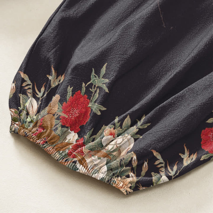 Buddha Stones Pantaloni harem da donna in cotone vintage con motivo a peonia rossa e vita elasticizzata, con tasche laterali. - image 7