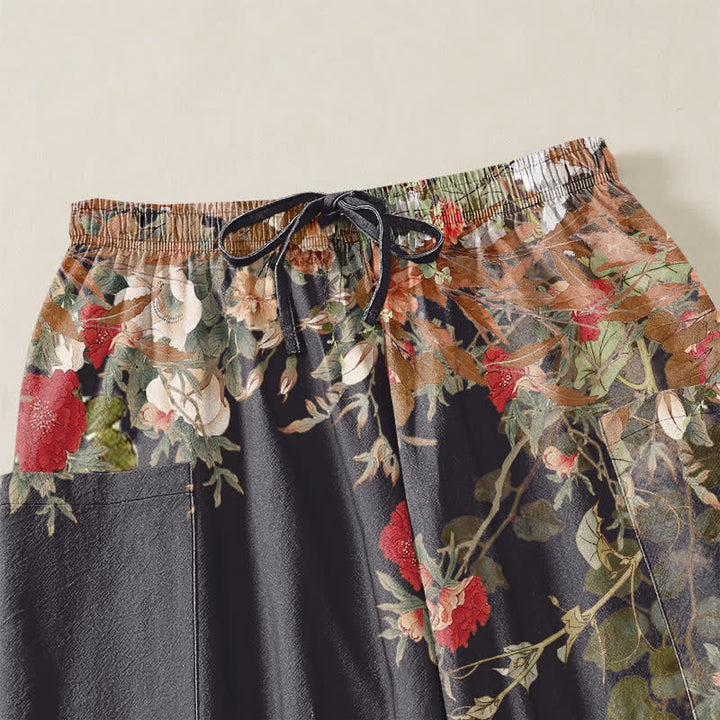 Buddha Stones Pantaloni harem da donna in cotone vintage con motivo a peonia rossa e vita elasticizzata, con tasche laterali. - image 5