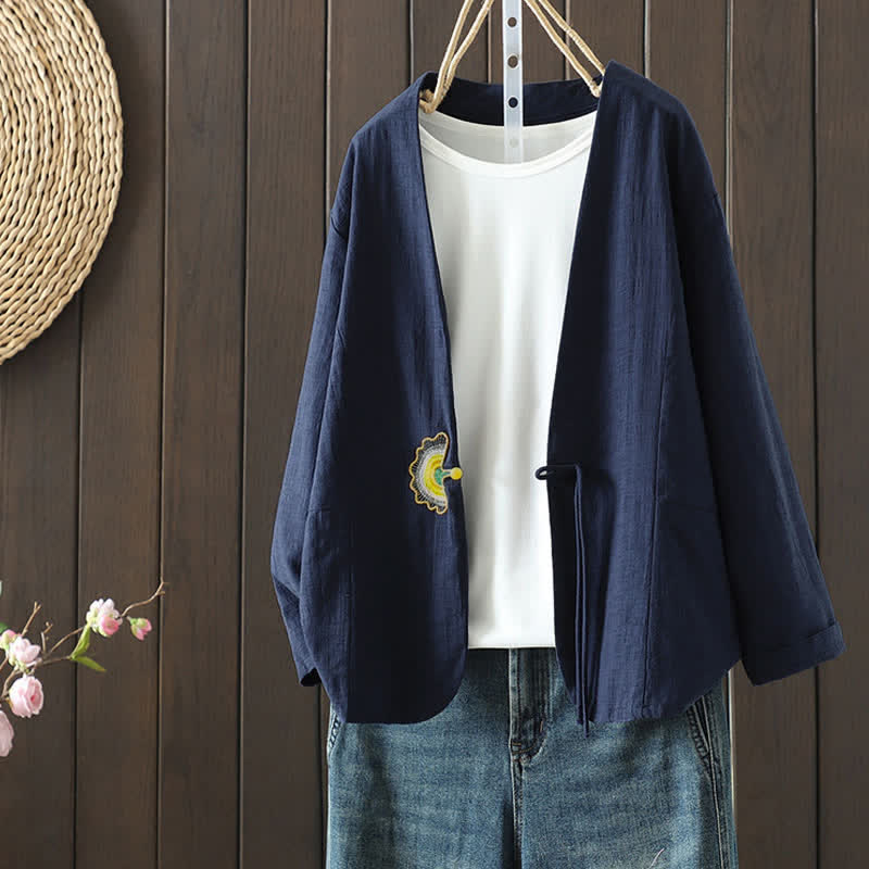 Buddha Stones Camicia da donna a maniche lunghe, casual, minimalista, con coulisse, ricami e tinta unita, ideale per primavera/estate. - Marina - US8-10, UK/AU12-14, EU40-42 (2XL) - image 4