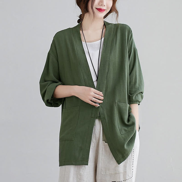 Buddha Stones Camicia da donna a maniche lunghe, tinta unita, casual, minimalista, con tasche, ideale per primavera/estate. - Verde oliva scuro - US4, UK/AU8, EU36 (L) - image 0