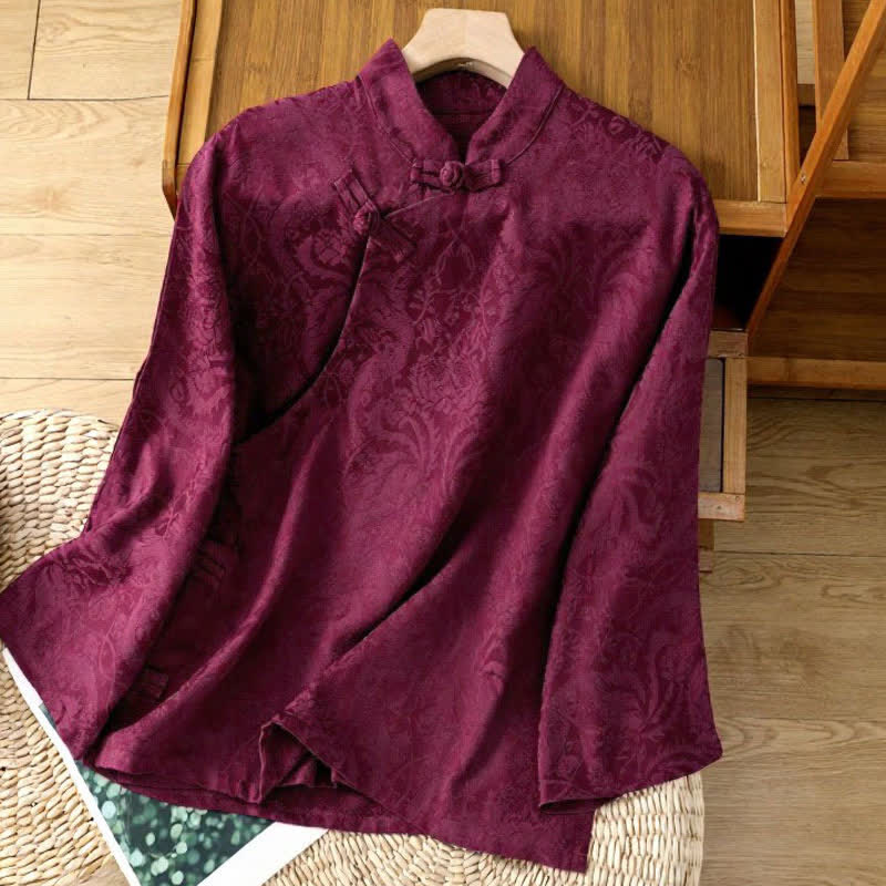 Buddha Stones Camicie da donna a maniche lunghe eleganti, stile Tang, con colletto alla coreana e stampa floreale Pankou, perfette per l'autunno. - Rosso scuro - US6, UK/AU10, EU38 (XL) - image 5