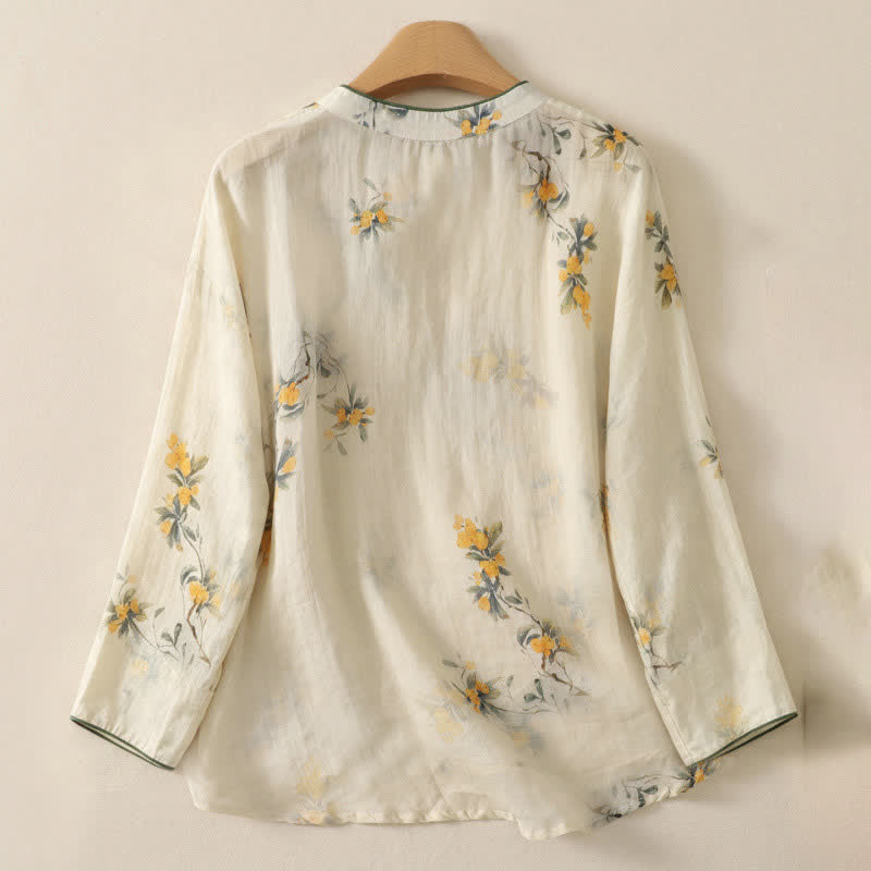 Buddha Stones Camicia da donna a maniche lunghe con colletto alla coreana, bottoni a rana e stampa floreale di nespole gialle, stile vintage Spring Tang. - image 1