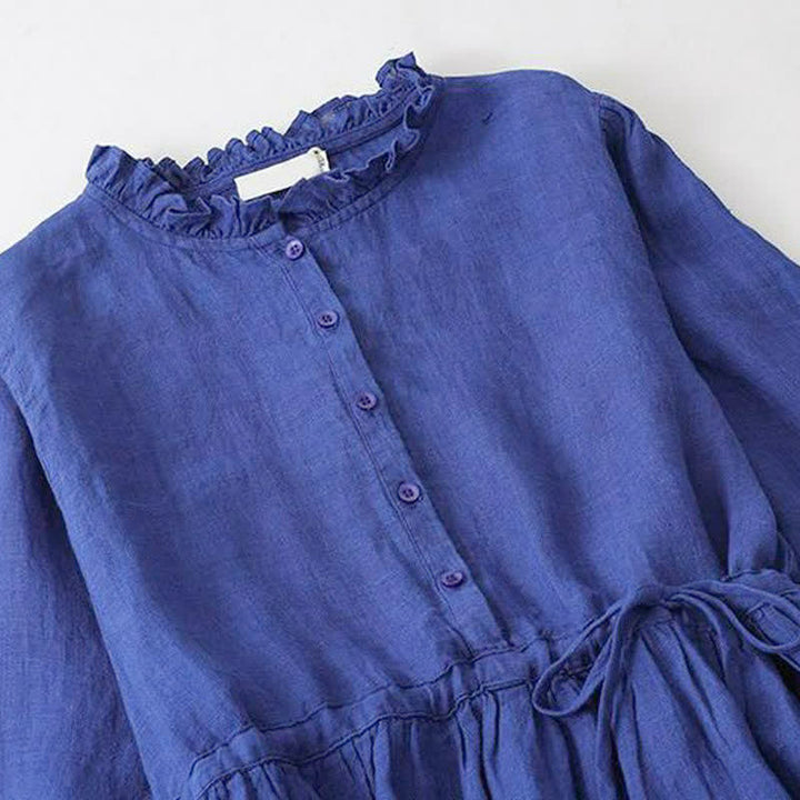 Buddha Stones Abito da donna blu a maniche lunghe, casual, vintage, con bottoni e coulisse, per primavera/autunno, con tasca. - image 3