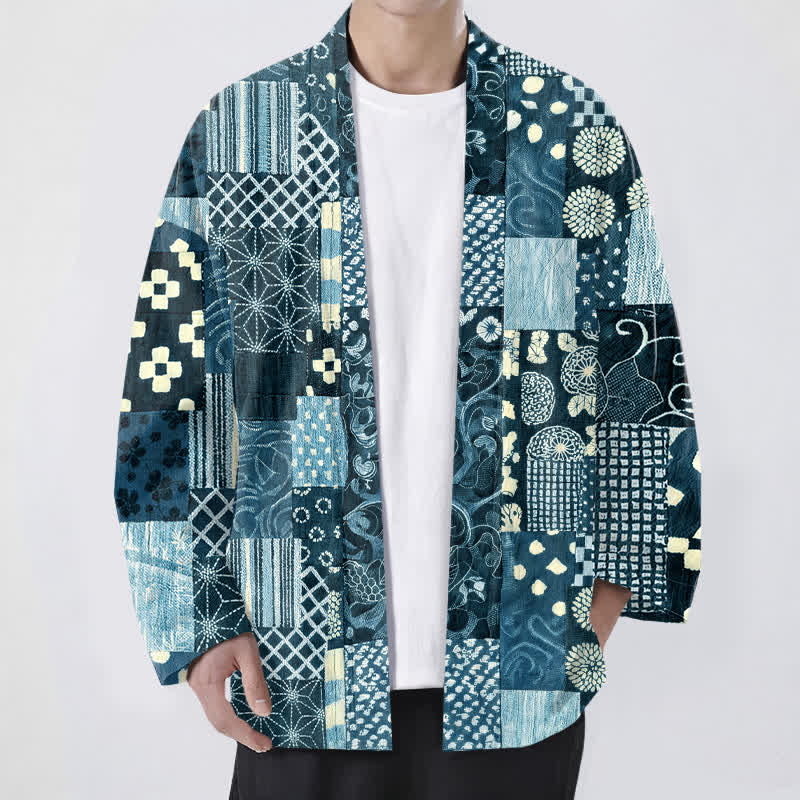 Buddha Stones Kimono da uomo in cotone con motivo patchwork floreale vintage e apertura frontale. - Verde acqua - US/UK/AU48, EU58 (4XL) - image 6