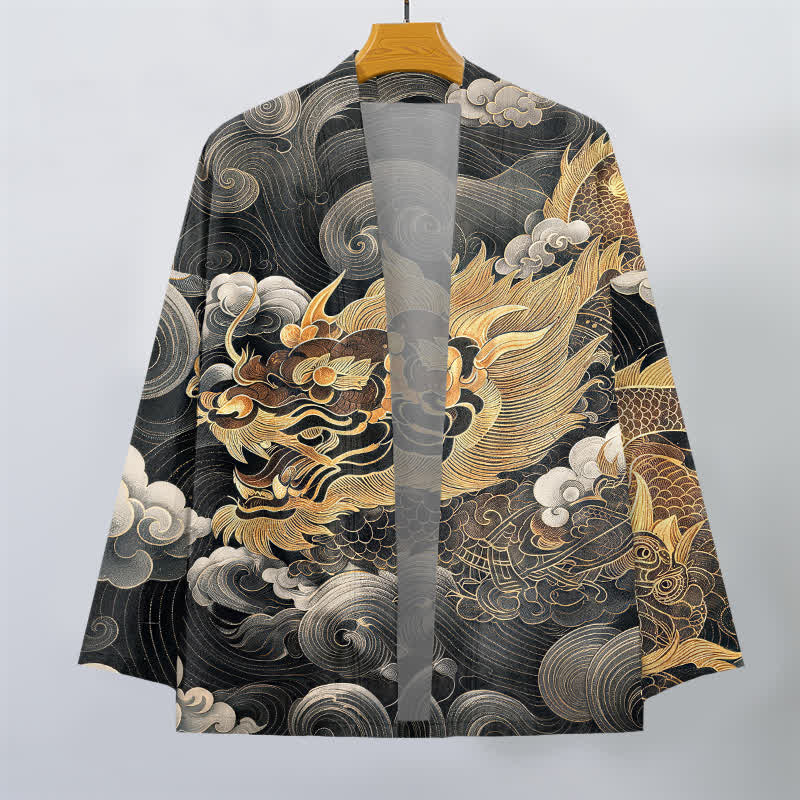 Buddha Stones Kimono da uomo in cotone con motivo drago, nuvole e mare, aperto sul davanti. - image 1