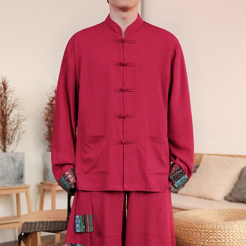 Buddha Stones Giacca da uomo casual autunno/inverno in stile Tang con bottoni a rana, colletto alla coreana e tasche. - Cremisi - US/UK/AU46, EU56 (5XL) - image 11