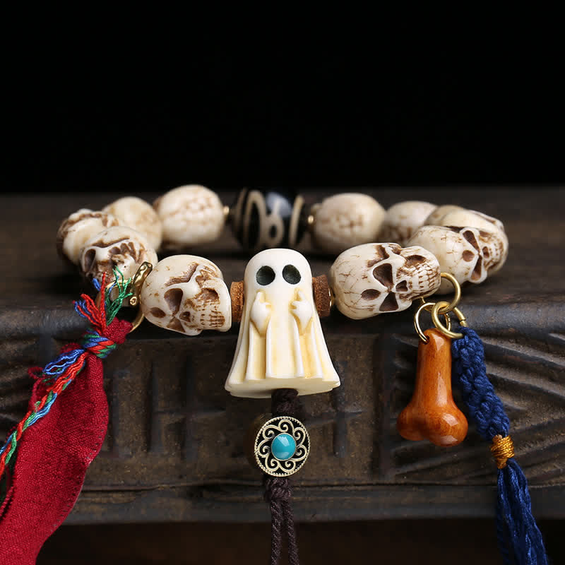 Buddha Stones Bracciale di protezione con perline Dzi della foresta del Signore dei Cadaveri in osso intagliato a mano. - image 1