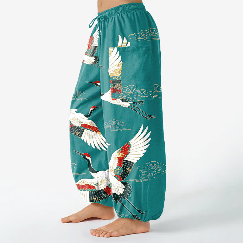 Buddha Stones Pantaloni harem da donna in cotone con motivo a gru e nuvole orientali, vita elasticizzata e tasche laterali. - image 8