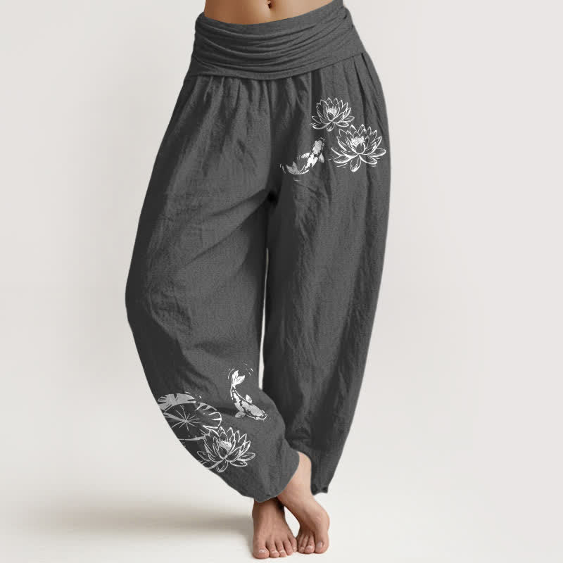 Buddha Stones Pantaloni harem da donna in puro cotone con motivo koi e loto, elastico in vita. - Grigio tenue - US16, UK/AU20, EU48 (3XL) - image 5