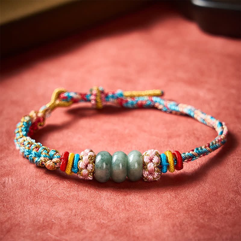 Buddha Stones Braccialetto portafortuna in giada con fiori di pesco multicolore, intrecciato a mano. - image 1