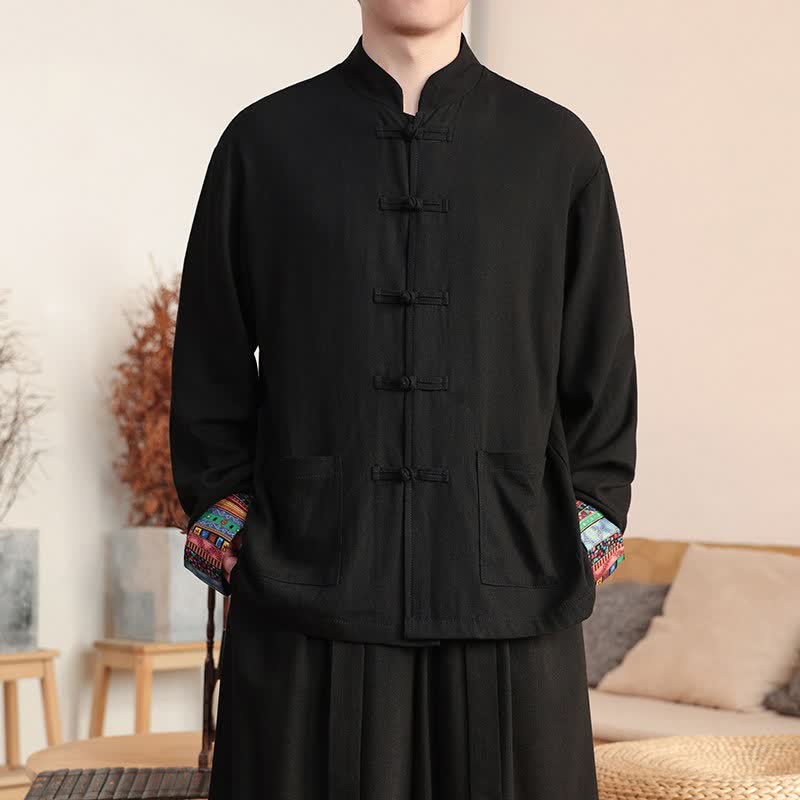 Buddha Stones Camicia da uomo a maniche lunghe in cotone e lino tinta unita, stile autunnale, con bottoni a rana e taschino. - Nero - US/UK/AU46, EU56 (5XL) - image 0