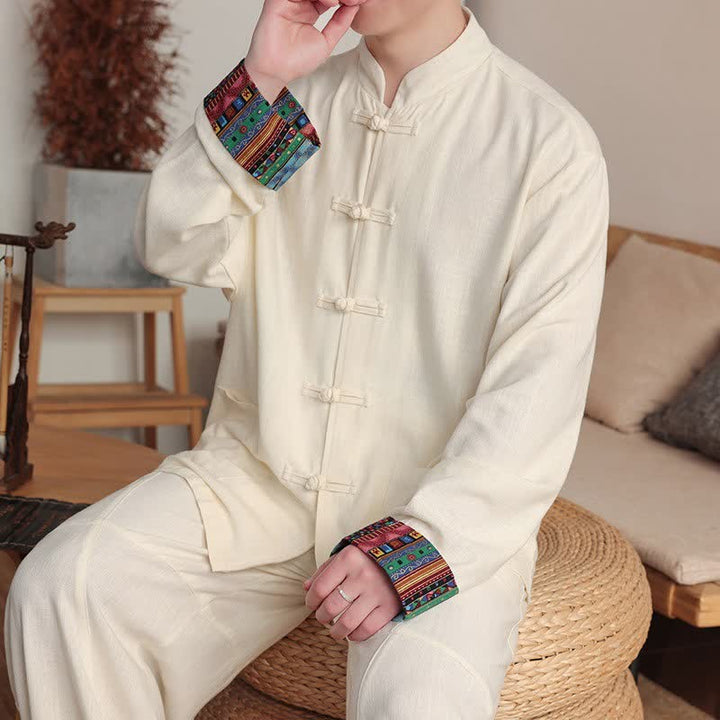 Buddha Stones Camicia da uomo a maniche lunghe in cotone e lino tinta unita, stile autunnale, con bottoni a rana e taschino. - image 14