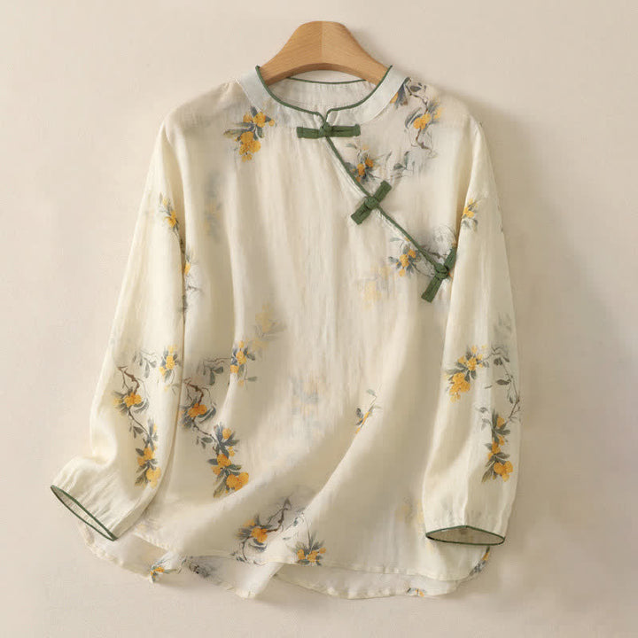 Buddha Stones Maglietta senza maniche da donna stile vintage Tang con bottoni a rana e stampa floreale e orchidee, ideale per l'estate. - Beige - Manica lunga - US12, UK/AU16, EU44 (2XL) - image 49