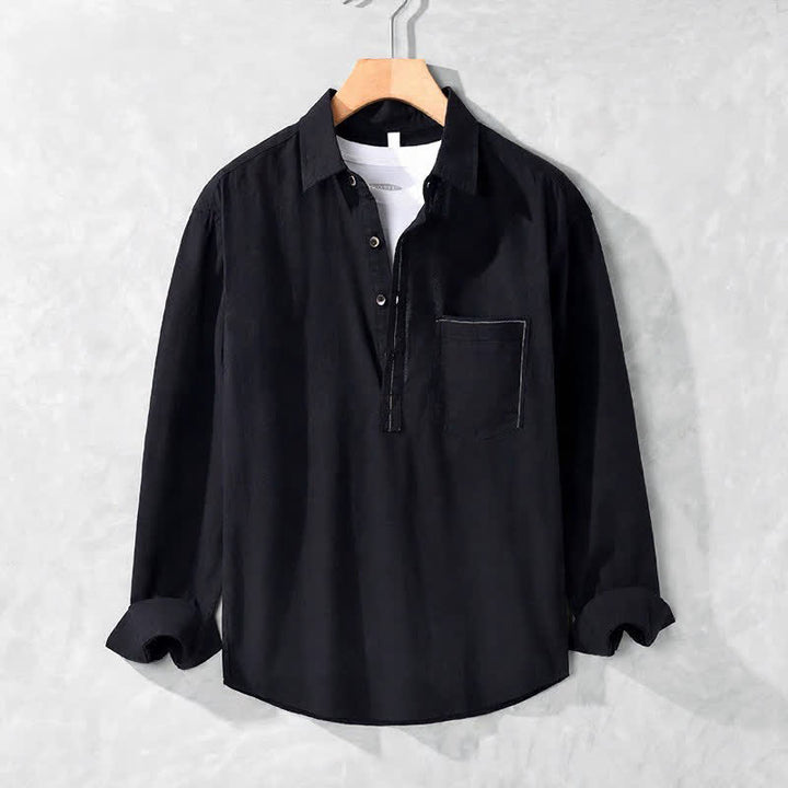 Buddha Stones Camicia da uomo a maniche lunghe in cotone tinta unita, casual, con bottoni e taschino applicato, ideale per primavera e autunno. - Nero - US/UK/AU42, EU52 (3XL) - image 19