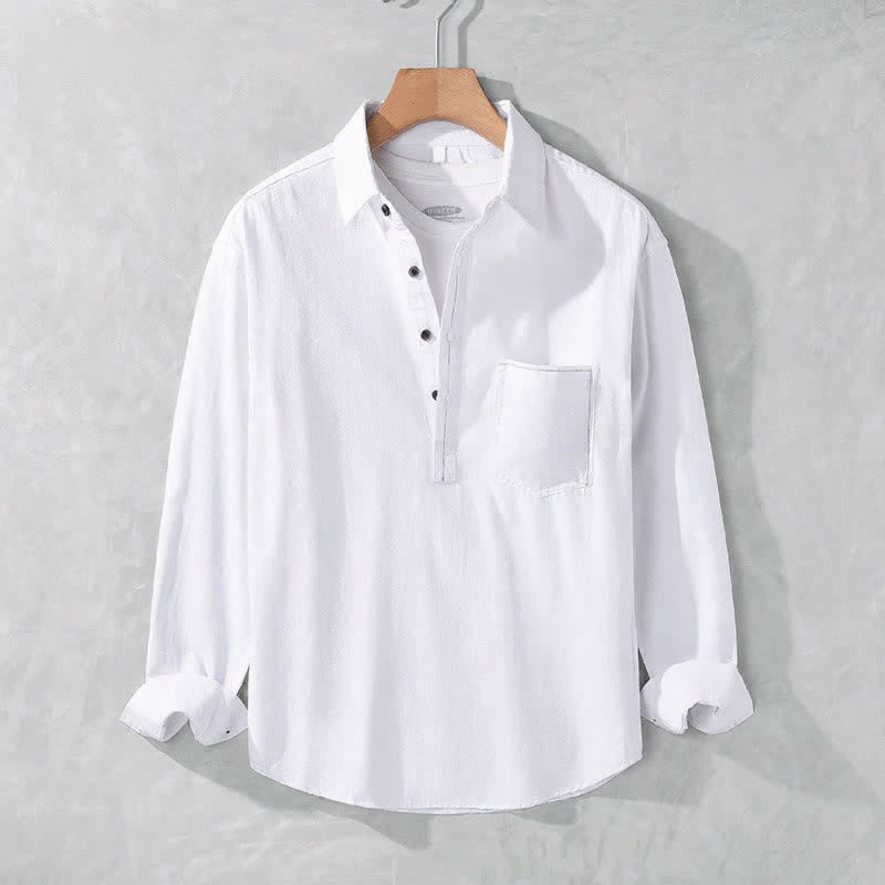 Buddha Stones Camicia da uomo a maniche lunghe in cotone tinta unita, casual, con bottoni e taschino applicato, ideale per primavera e autunno. - Bianco - US/UK/AU42, EU52 (3XL) - image 29