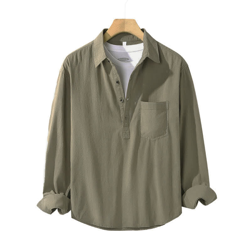 Buddha Stones Camicia da uomo a maniche lunghe in cotone tinta unita, casual, con bottoni e taschino applicato, ideale per primavera e autunno. - image 6